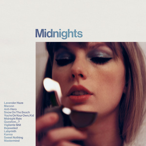 Taylor Swift Midnights album cover with blue eyeshadow, red lipstick, and lighting a match