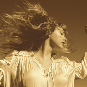 Taylor Swift in sepia-toned portrait with windswept blonde hair, eyes closed in serene contemplation