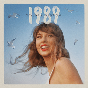 Taylor Swift 1989 album cover with windswept hair, red lipstick, and seagulls in blue sky